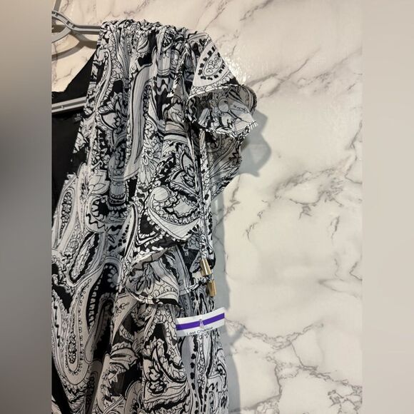 NEW TAHARI ASL Paisley Side Ruched Midi Dress in Black Ivory Plus Size 14 - Picture 8 of 14